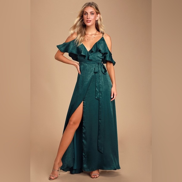Lulus Dresses & Skirts - Moriah Emerald Green Satin Wrap Maxi Dress - size Large